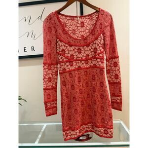 ✨ Free People Red Floral Knit Lace Long Sleeve Mini Dress - XS